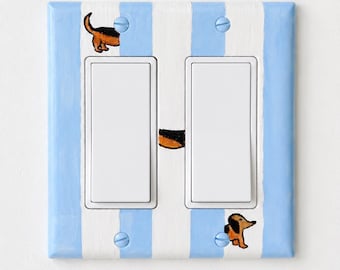 Hand-Painted Dachshund Dog Light Switch Plate, Blue Stripes Unique Wall Art, Home Outlet Cover