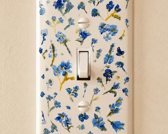 Hand-Painted Light Switch Plate, Blue Forget Me Not Flowers on White Background, Ditsy Floral Pattern Decor, Cottagecore Outlet Cover Art