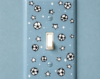 Hand-Painted Soccer Football Light Switch Plate, Blue Kids Bedroom Sports Wall Outlet Cover Art