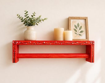 Hand Painted Orange Wooden Shelf with Cherry Blossom Design, Towel Bar Rail