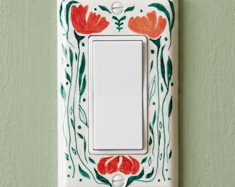 Hand-Painted Floral Light Switch Plate Cover, Orange Flowers Modern Wall Art