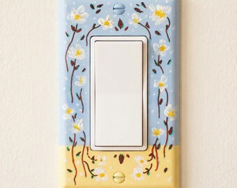 Hand-Painted Floral Switch Plate, Butter Yellow Blue Daisies Wall Art