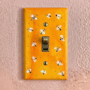 Hand-Painted Yellow Bee Pattern Light Switch Plates, Bumblebee Kitchen Decor, Outlet Cover Wall Art