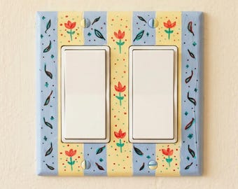 Hand-Painted Flowers Switch Plate, Butter Yellow and Blue Floral Wall Art, Home Outlet Cover