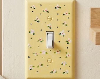 Hand-Painted Floral Light Switch Plate, Cottagecore Yellow Pink Wall Art