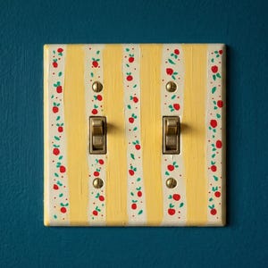 Hand-Painted Yellow Stripes Cherries Light Switch Plate, Kitchen Wall Art