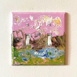 Hand-Painted Landscape Cottagecore Light Switch Plate, Kitchen Wall Art, Impasto Pink and Green Painting