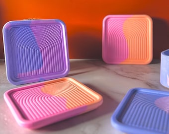 Handmade Coasters with Arch Accent, Bright Orange and Pink, eco-resin drinkware, Textured Minimalist Home Decor