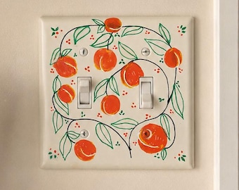 Handpainted Peaches Light Switch Cover Plate, Cottagecore Orange and Green Kitchen Outlet Wall Art