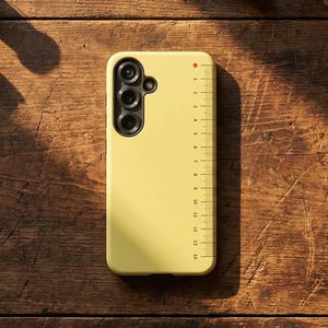 Może przedstawiać: Jasnożółte etui na smartfon z wzorem linijki, wyposażone w aparat z trzema obiektywami. Etui otoczone jest akcesoriami do szycia, w tym szpulkami nici, guzikami i nożyczkami, ułożonymi na drewnianej powierzchni.