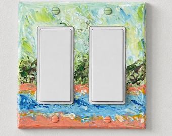 Hand-Painted Landscape Cottagecore Light Switch Plate, Kitchen Wall Art, Impasto Blue Green and Orange Painting