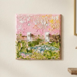 Handgemalte Landschaft Cottagecore Lichtschalter Platte, Küchen Wand Kunst, Impasto Rosa und Grün Malerei