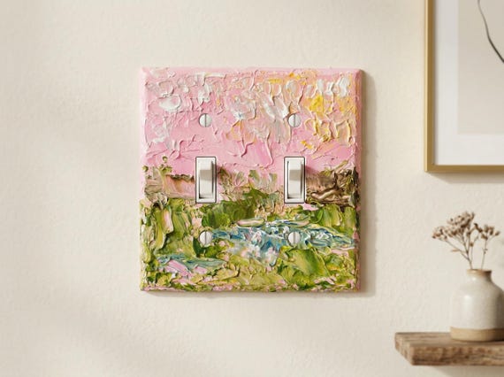 Hand-Painted Landscape Cottagecore Light Switch Plate, Kitchen Wall Art, Impasto Pink and Green Painting
