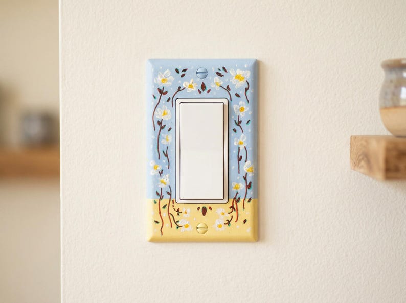 Hand-painted Floral Switch Plate, Butter Yellow Blue Daisies Wall Art ...