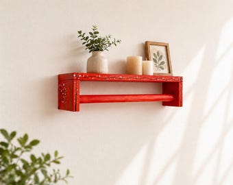 Hand Painted Orange Wooden Shelf with Cherry Blossom Design, Towel Bar Rail