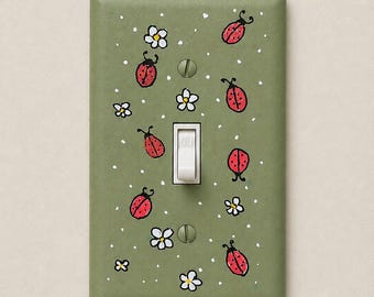 Hand-Painted Ladybug and Daisies Light Switch Plates, Olive Green Background, Nature Kitchen Decor, Outlet Cover Wall Art