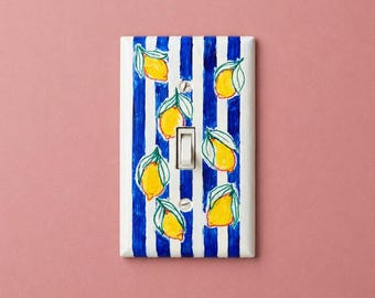 Handpainted Lemons Light Switch Cover Plate, Cottagecore Yellow Blue Striped Kitchen Wall Art