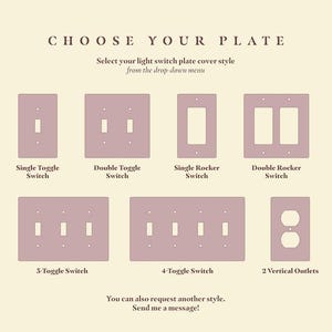 May include: A light pink graphic chart titled CHOOSE YOUR PLATE displaying various light switch plate cover styles including single, double, triple, and quadruple toggle switches, rocker switches, and a double vertical outlet plate with text.