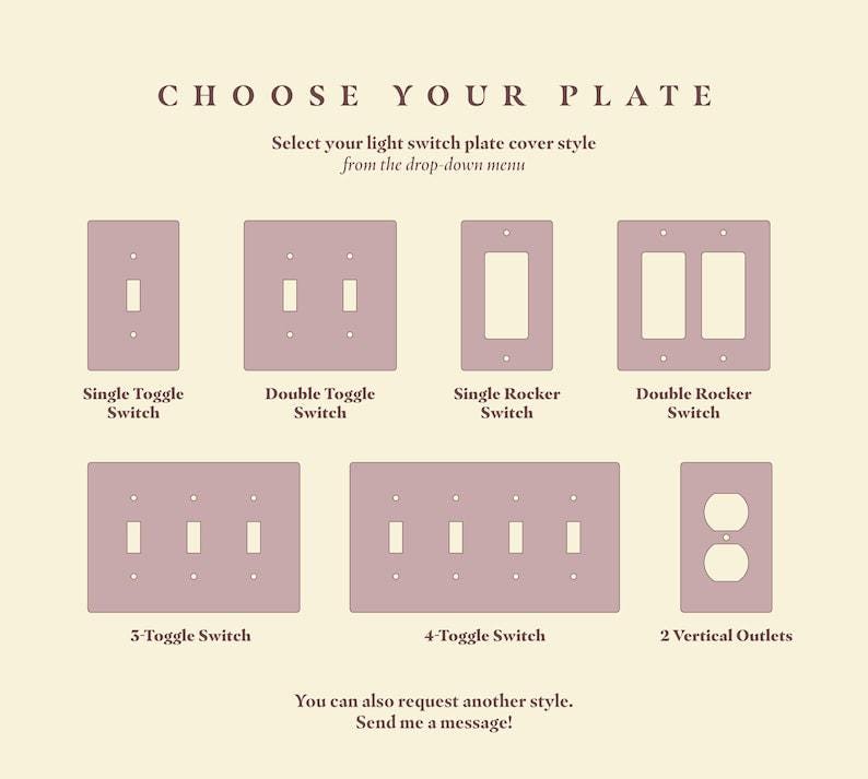 May include: A light pink graphic chart titled CHOOSE YOUR PLATE displaying various light switch plate cover styles including single, double, triple, and quadruple toggle switches, rocker switches, and a double vertical outlet plate with text.