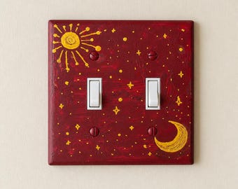 Hand-Painted Dark Red Celestial Switch Plate, Sun, Moon and Stars Wall Art Cover, Gold Witchy Decor