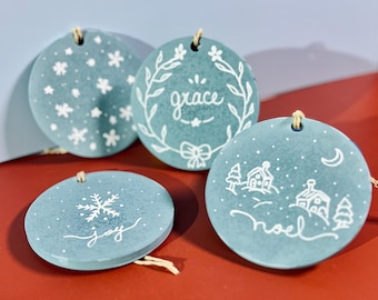Handmade Ornament, Blue and White Holiday Gift, Hand-poured Christmas Custom Bauble, Cute Snowflake Illustrations