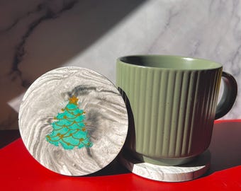 Handmade Coasters with Christmas Tree, Marbled Effect with gold accent, eco-resin drinkware, Textured Minimalist Home Decor
