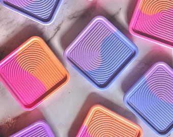 Handmade Coasters with Arch Accent, Bright Orange and Pink, eco-resin drinkware, Textured Minimalist Home Decor