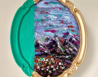Framed Original Acrylic Landscape and Flowers Painting, Bright Turquoise, Purple and Fuschia Accents, Framed Oval Vintage style Artwork