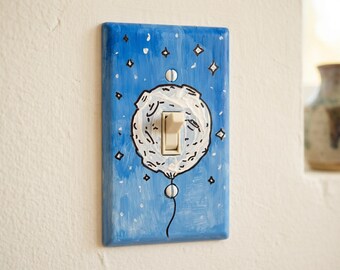 Hand-Painted Moon Balloon Light Switch Plates, Kids Nursery Blue Wall Art, Cute Space Theme Outlet Cover