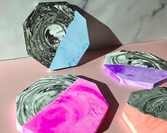 Handmade Octagonal Coasters with Marble Accent, Bright Orange, Pink, Purple, Blue, eco-resin drinkware, Modern Home Decor