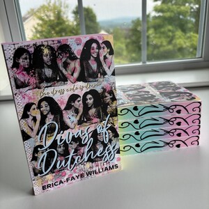 May include: A stack of four decorative boxes with a pastel gradient design and black heart and swirl accents. The book "Divas of Dutchess" by Erica-Faye Williams is in the foreground, featuring a collage of women and text.