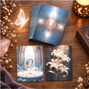 Può includere: Un mazzo di carte oracolo blu con un design a mandala dorato sul retro, insieme a due carte singole. Una carta mostra il numero 25 e un anello fluttuante, mentre l'altra mostra il numero 30 e un gruppo di fiori di giglio bianchi.