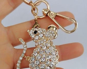 Art Style Purse Charm Animal Rat Mouse Keychain Keyring Pendant Rhinestone Crystals CDK3276H
