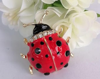 Glittering Red Ladybug Brooch Pin Adorned with Rhinestones Fashion Accessories CDB6647H