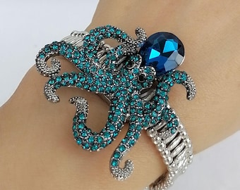 Rhinestone Octopus Stretch Bracelet, Alloy Animal Cuff