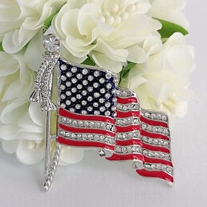 Puede incluir: Broche patri&oacute;tico con forma de bandera estadounidense. Presenta un campo azul con detalles de cristal blanco y secciones a rayas rojas y blancas. La bandera est&aacute; montada sobre un m&aacute;stil plateado.