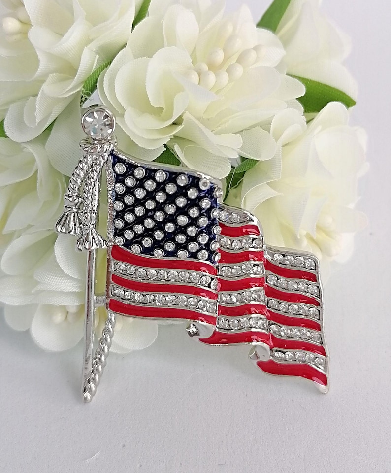 Puede incluir: Broche patri&oacute;tico con forma de bandera estadounidense. Presenta un campo azul con detalles de cristal blanco y secciones a rayas rojas y blancas. La bandera est&aacute; montada sobre un m&aacute;stil plateado.