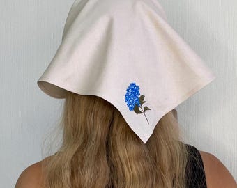 Embroidered Cotton Headscarf, Boho Hair Kerchief, Floral Hair Accessory