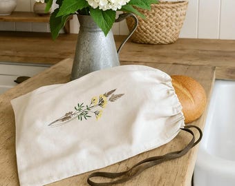 Handmade Cotton Bread Bag with Olive Branch Embroidery