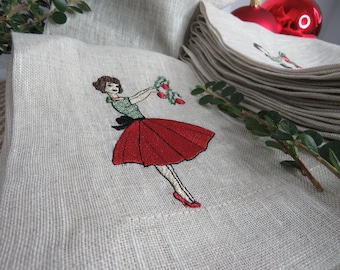 Embroidered Linen Christmas Napkins, Handmade Dinner Napkins, Set of 4