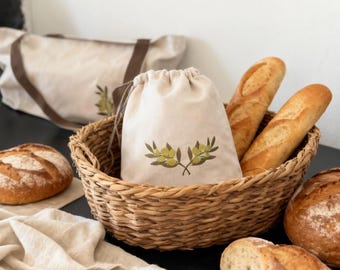 Brotbeutel aus Bio-Baumwolle, Stickerei mit Olivenzweig, wiederverwendbare Baguetteaufbewahrung