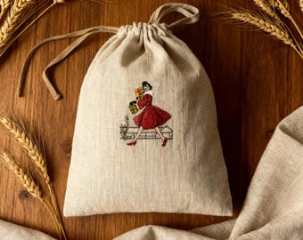 Embroidered Linen Bread Bag, Reusable Sourdough Keeper