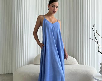 Vestido de lino azul, vestido largo bohemio, atuendo de verano