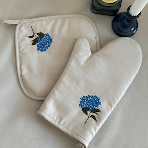 Oven Mitt Set With Pot Holder, Double Oven Mitt Gloves, Organic Cotton Oven Gloves, Rustic Farmhouse Kitchen Decor, Gift For Cook