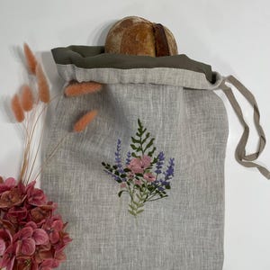 Linen Bread Bag, Handmade Bread Keeper, Embroidery Storage Kitchen Bag, Eco Friendly Bakery Bag, Beeswax Farmhouse Bag, Christmas Gift Idea