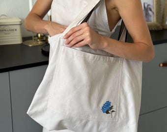Embroidered Hydrangea Cotton Tote Bag, Eco-Friendly Shopper (59x45 cm)
