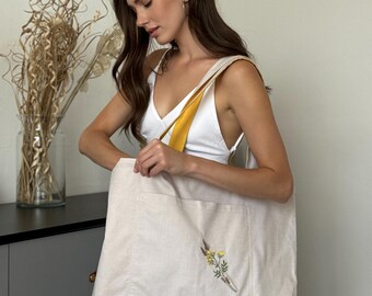 Large Embroidered Floral Cotton Tote Bag, Eco-Friendly Shopper