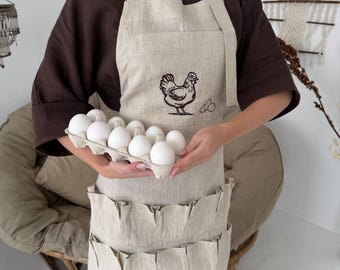 Linen Chicken Apron, Hen Embroidered Bib Apron with 12 Pockets, Farmhouse Kitchen Apron, Egg Collecting Apron for Women Gift
