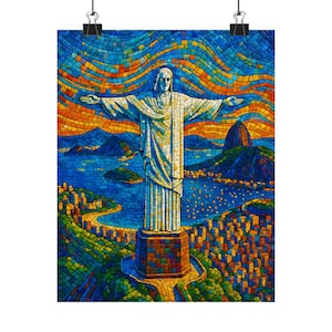 Christ the Redeemer Mosaic Poster – Rio de Janeiro Wall Art, Brazil Travel Print, Colorful Cityscape Decor, Stained-Glass Look