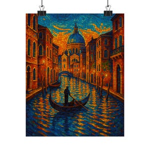 Venice Gondola Print: Blue & Gold Mosaic Italian Canal Art